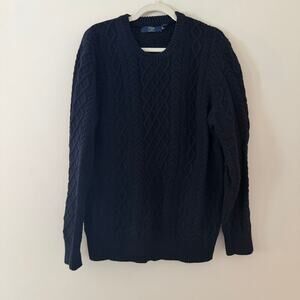 J Crew 100% Cotton Cable Knit Fisherman Style Navy Blue Crewneck Sweater Sz Lg